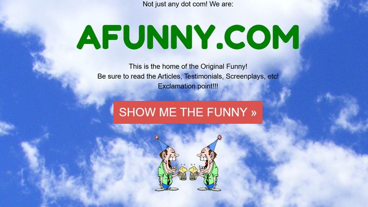 The aFunny.com homepage: the wordmark in green over a blue sky, above a Show Me The Funny button