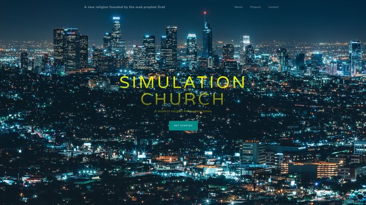 The Simulation Church homepage: a night city skyline under the words Simulation Church